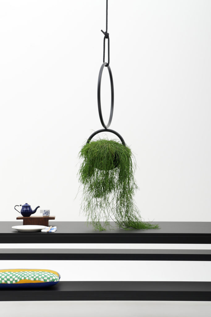 Wie eine Blumenampel, hängendes Raumobjekt für Pflanzen aus Rundrohr, schwarzmatt, über schwarzen Tisch