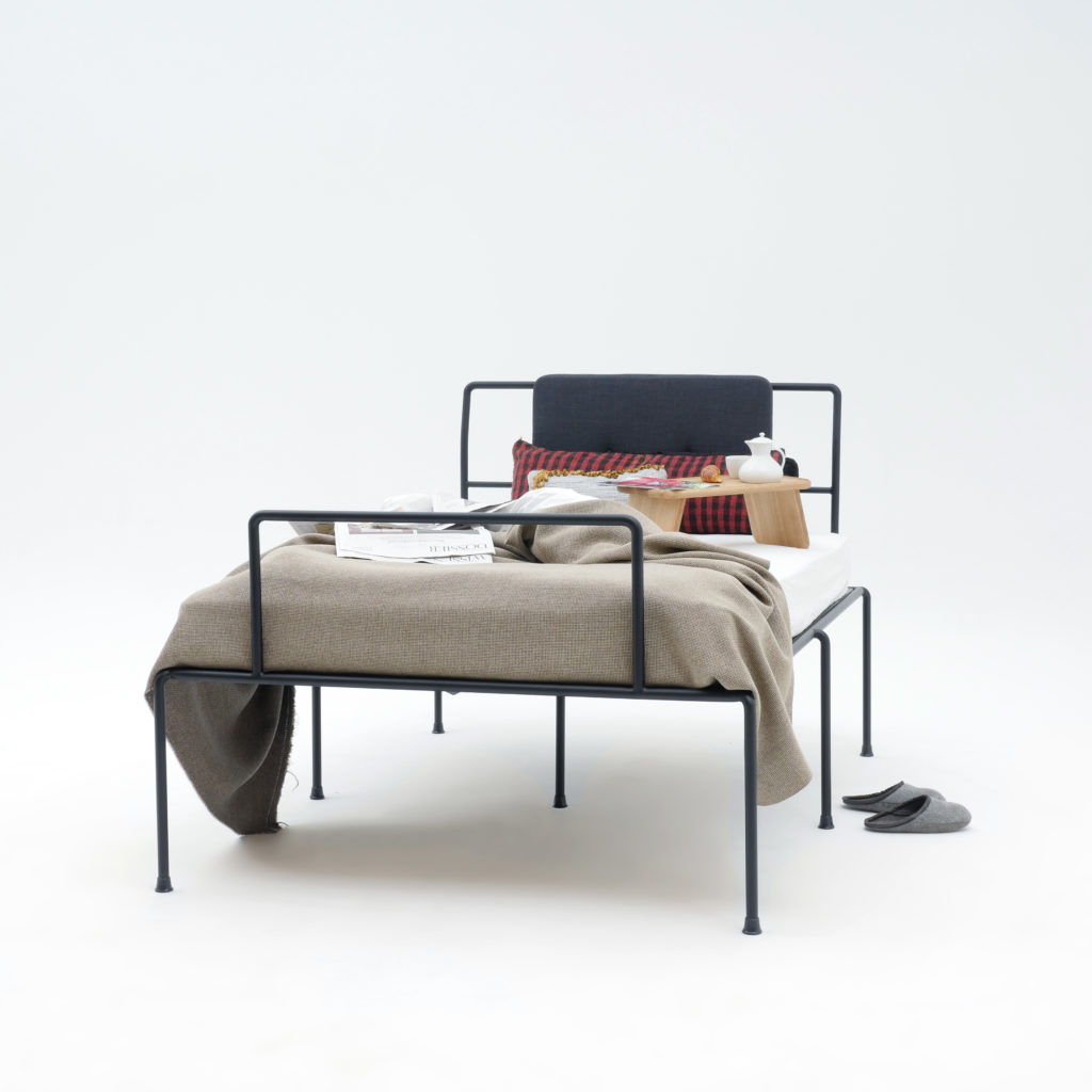 Sevenfeetup, bed with 7 legs, Bauhaus style