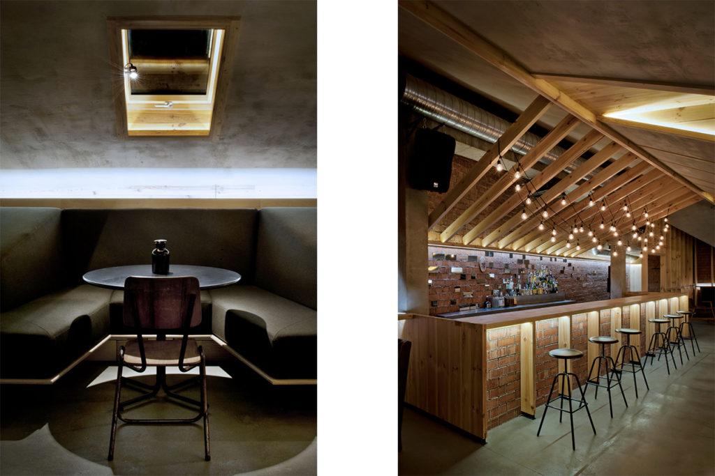 Attik Bar in Minsk, entworfen von Inblum Architects, Herrenberger Hocker als Barhocker, ideal für Gastronomie